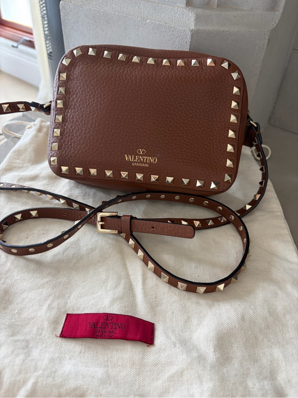 Valentino Garavani Brown Leather Rockstud Crossbody with Gold Hardware